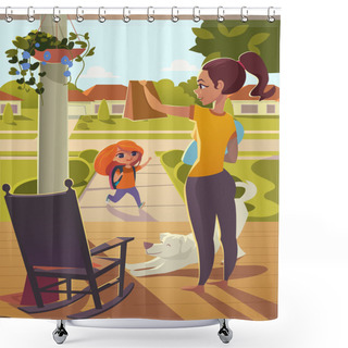 Personality  Mother Seeing Daughter Off To School Standing On The Porch Of The House, Sends Her A Snack. Bright Morning Street With Sunny , Rocking Chair, And Cheerful White Dog. Shower Curtains