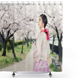 Personality  Asian Korean Woman Wearing Traditional Korean Hanbok Looking Cherry Blossom In Garden In Seoul, South Korea. Cherry Blossom In Seoul, South Korea Shower Curtains