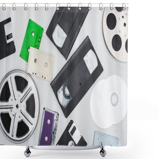 Personality  Flat Lay Of VHS Cassettes, Diskettes, CD Discs, Film Reels And Colorful Cassettes On White Background Shower Curtains