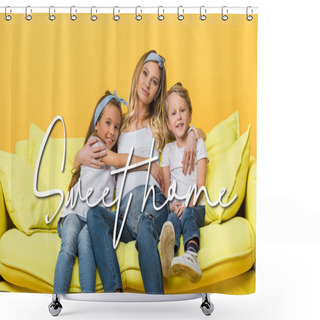 Personality  Happy Pregnant Mother Hugging With Kids On Sofa Isolated On Yellow, Sweet Home Illustration Shower Curtains