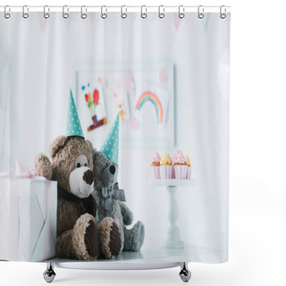 Personality  Teddy Bears In Cones On Table With Cupcakes On Stand And Present Box  Shower Curtains
