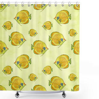 Personality  Yellow Fish - Seamless Background Pattern. Decorative Composition On A Watercolor Background. Use Printed Products, Posters, Postcards, Packaging, Pattern On Fabric, Background Image. Shower Curtains