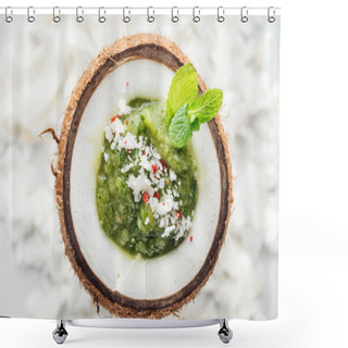 Personality  Top View Of Fresh Green Smoothie In Coconut Decorated With Mint  Shower Curtains