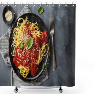 Personality  Tasty Appetizing Spaghetti Pasta With Tomato Sauce Served On Plate On Dark Background.  Shower Curtains