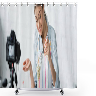 Personality  Cheerful Culinary Blogger Holding Whisk With Raw Dough Near Blurred Digital Camera, Banner Shower Curtains