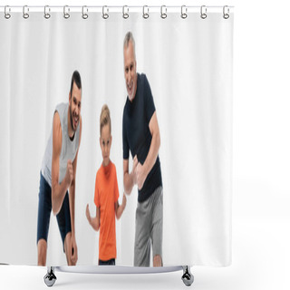 Personality  Kid With Father And Granddad In Sportswear Smiling At Camera While Demonstrating Strengths Isolated On White, Banner Shower Curtains