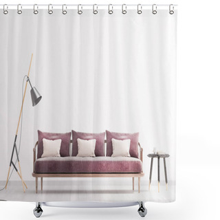 Personality  Bright Modern Interior Living Room, Floor Lamp And Wooden Side Table. Scandinavian Style, White Interior Background. Bright Stylish Room Mock Up. 3d Render Shower Curtains