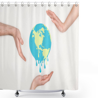 Personality  Cropped View Of Male And Female Hands Around Paper Cut Melting Globe On White Background, Global Warming Concept Shower Curtains