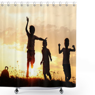 Personality  Group Of Happy Children Playing On Meadow Shower Curtains