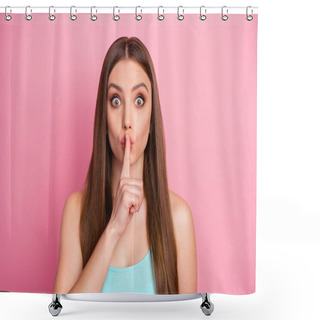 Personality  Close-up Portrait Of Her She Nice Attractive Lovely Pretty Charming Feminine Girlish Mysterious Straight-haired Girl Showing Shh Sign Sale Isolated Over Pink Pastel Color Background Shower Curtains