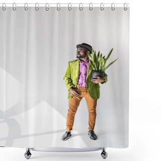 Personality  Fashionable African American Man In Hat With Green Plant In Flowerpot In Hand Posing On Grey Background Shower Curtains