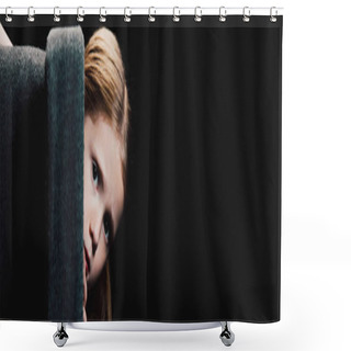 Personality  Panoramic Shot Of Scared Child Looking At Camera While Hiding Behind Armchair Isolated On Black Shower Curtains