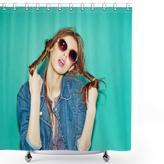 Personality  Emotional Pretty Young Hipster Girl Make Funny Face On Blue Background Shower Curtains
