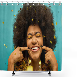 Personality  Trendy African American Woman With Curly Hairdosmiles As Confetti Falls Around Her. Shower Curtains