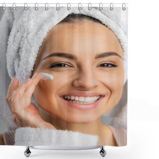 Personality  Smiling Woman With Towel On Head Applying Face Cream Isolated On Grey  Shower Curtains