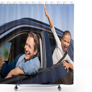 Personality  Selective Focus Of Man Driving Car Near Daughter And Wife During Vacation  Shower Curtains