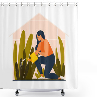 Personality  Lovely Young Woman Or Gardener Taking Care Of Home Garden, Watering Houseplants Growing In Greenhouse. Flat Cartoon Vector Illustration. Shower Curtains
