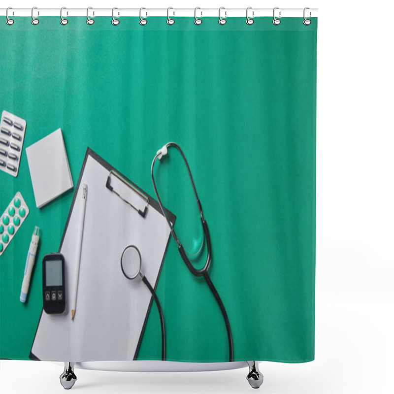 Personality  Top View Of Blood Lancet, Sticky Notes, Blister Packs And Stethoscope Near Glucometer And Pencil On Folder On Green Background Shower Curtains