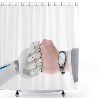 Personality  Cropped Shot Of Robot And Businessman Doing Bro Fist Gesture Isolated On White Shower Curtains
