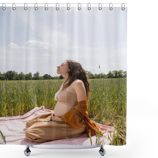 Personality  Side View Of Pregnant Woman Sitting On Blanket In Summer Field  Shower Curtains