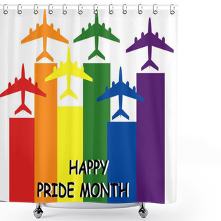Personality  Illustration Of Colorful Planes Near Happy Pride Month Lettering On White Shower Curtains