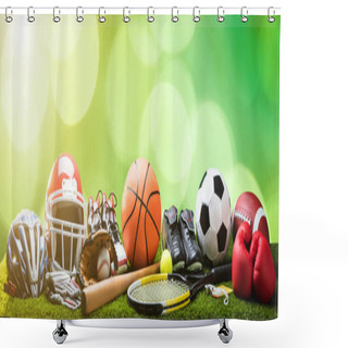 Personality  Close-up Of Various Sport Equipments On Pitch Against Bokeh Background Shower Curtains