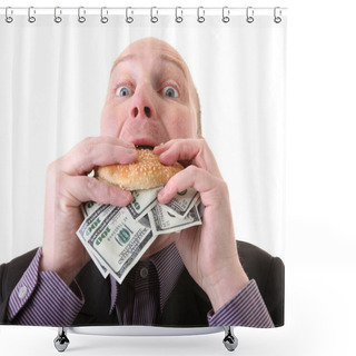 Personality  Greed, Businessman Eating Money. Man Eat Dollars In Display Of Avarice Isolated On White. Shower Curtains