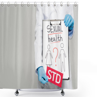 Personality  Cropped View Of Doctor In Blue Latex Gloves And White Coat Holding Clipboard With Sexual Health, Drawn Man And Woman And Std Lettering Isolated On Grey Shower Curtains