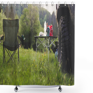 Personality  Picnic In The Mountains With Folding Chairs And A Table. The Car Shower Curtains