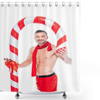 Personality  Happy Shirtless Muscular Man In Santa Shorts And Red Scarf With Striped Christmas Stick Isolated On White Background Shower Curtains