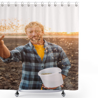Personality  Selective Focus Of Farmer Holding Bucket While Sowing Cereals On Field Shower Curtains