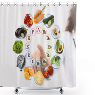Personality  Hand Of Nutritionist Pointing Virtual Screen With Food Icons Shower Curtains