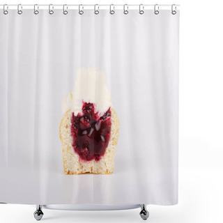 Personality  The Cupcake Is Cut In Half, With Cherry Filling And White Vanilla Icing. Biscuit Side View Shower Curtains