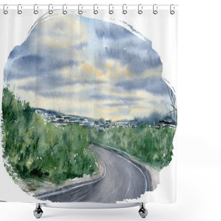 Personality  Hand Drawn Watercolor Landscape With Road, Sky And Forest Shower Curtains