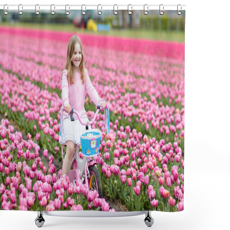 Personality  Child on bike in tulip field. Bicycle in Holland. shower curtains