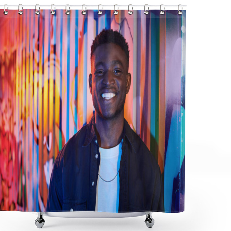 Personality  A Man Is Standing Confidently In Front Of A Vibrant, Multicolored Wall On An Urban Street. Shower Curtains