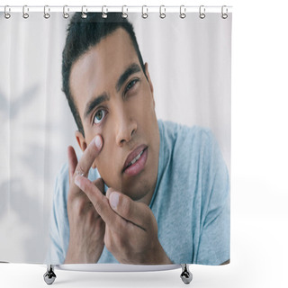 Personality  Young Man Trying To Put Contact Lens In Eye While Looking At Camera Shower Curtains