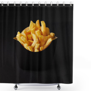 Personality  Close-up Shot Of Black Box Of Tasty French Fries Isolated On Black Isolated On Black Shower Curtains