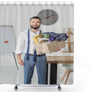 Personality  Fired Smiling Businessman With Cardboard Box Shower Curtains