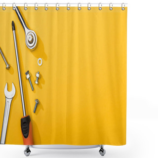 Personality  Top View Of Wrenches, Screwdriver And Bolts On Yellow Background Shower Curtains