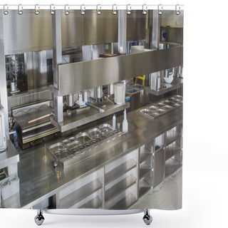 Personality  Professional Kitchen , View Counter In Steel . Bokeh . Shower Curtains