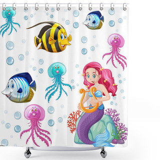 Personality  Set Of Sea Animals And Mermaid Cartoon Character On White Background Illustration Shower Curtains