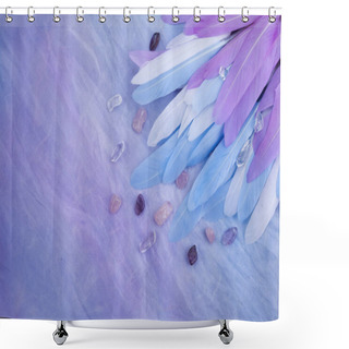 Personality  Angel Healing. Feather In The Right Corner On Multi Colored Background. Top View Shower Curtains