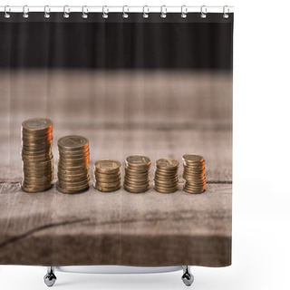 Personality  Stacks Of Coins On Wooden Tabletop Shower Curtains