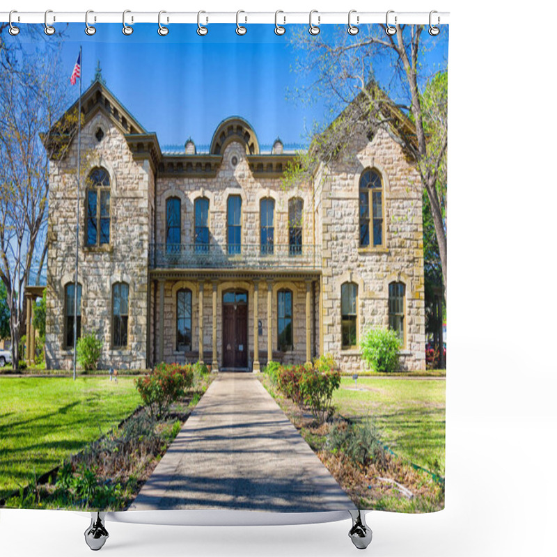 Personality  Public library in Fredericksburg, Texas with limestone veneer shower curtains