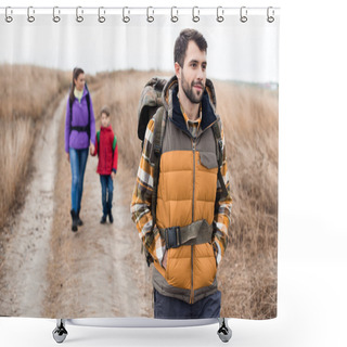 Personality  Man With Wife And Son Backpacking Shower Curtains