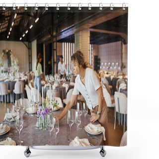Personality  Banquet Decorator Arranging Table Setting Near Colleagues Working In Event Hall, Creative Team Shower Curtains