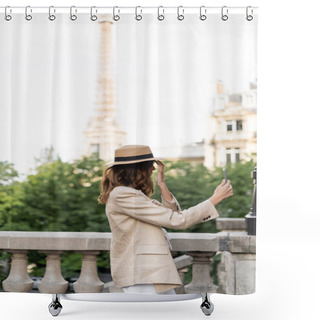 Personality  Side View Of Stylish Woman In Sun Hat Taking Selfie On Smartphone In Paris  Shower Curtains