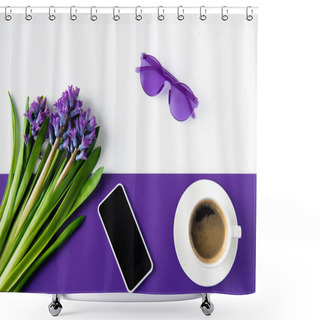 Personality  Top View Of Bouquet Of Purple Hyacinth Flowers And Smartphone On Table Shower Curtains