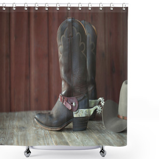 Personality  Cowboy Boots, Spurs And Hat On Old Wood Background Shower Curtains